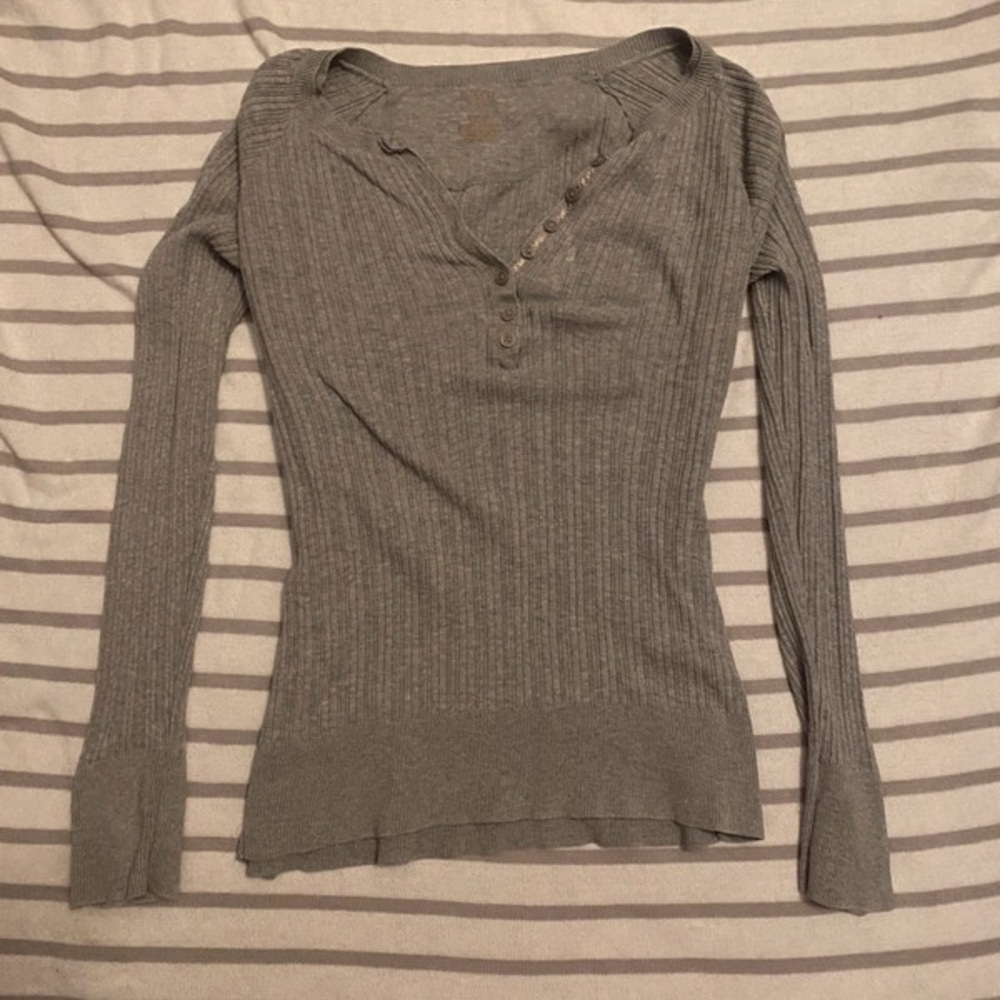 Gray Fitted Ribbed Polo Blouse